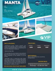 MANTA CATAMARAN - PRIVATE CATAMARAN OFFERED BY VIP RIVIEARA MAYA ADVENTURES FOR PRIVATE CATAMARAN RENTALS