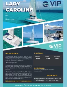 LADY CAROLINE CATAMARAN - PRIVATE CATAMARAN OFFERED BY VIP RIVIEARA MAYA ADVENTURES FOR PRIVATE CATAMARAN RENTALS