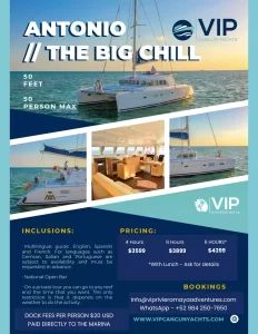 THE BIG CHILL CATAMARAN - PRIVATE CATAMARAN OFFERED BY VIP RIVIEARA MAYA ADVENTURES FOR PRIVATE CATAMARAN RENTALS