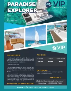 PARADISE EXPLORER CATAMARAN - PRIVATE CATAMARAN OFFERED BY VIP RIVIEARA MAYA ADVENTURES FOR PRIVATE CATAMARAN RENTALS